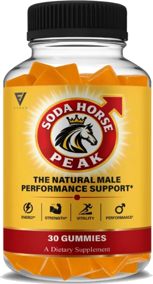 Soda Horse Peak dietary supplement bottle with a gold and red label showing 30 gummies