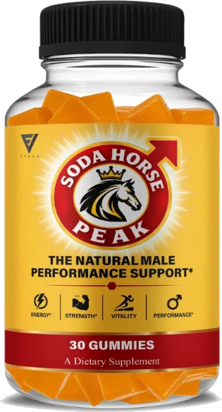 Soda Horse Peak dietary supplement bottle with a gold and red label showing 30 gummies